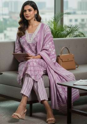 Lavender Printed Cotton Kurta Set