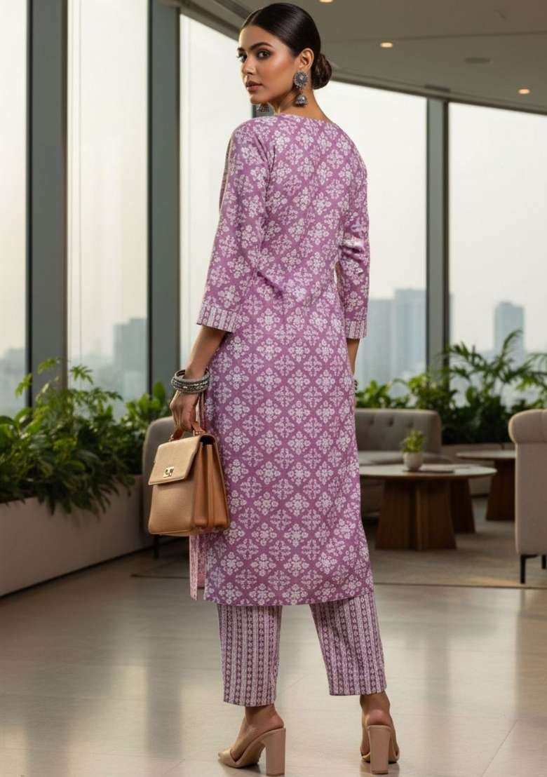 Lavender Printed Cotton Kurta Set - Indya