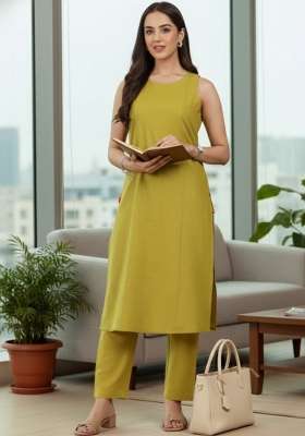 Lime Green Solid Cotton Kurta Set