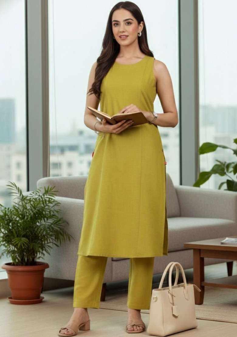 Lime Green Solid Cotton Kurta Set - Indya