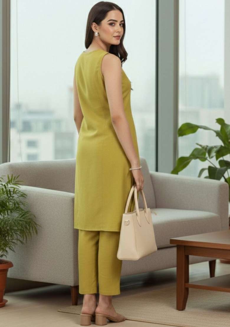 Lime Green Solid Cotton Kurta Set - Indya