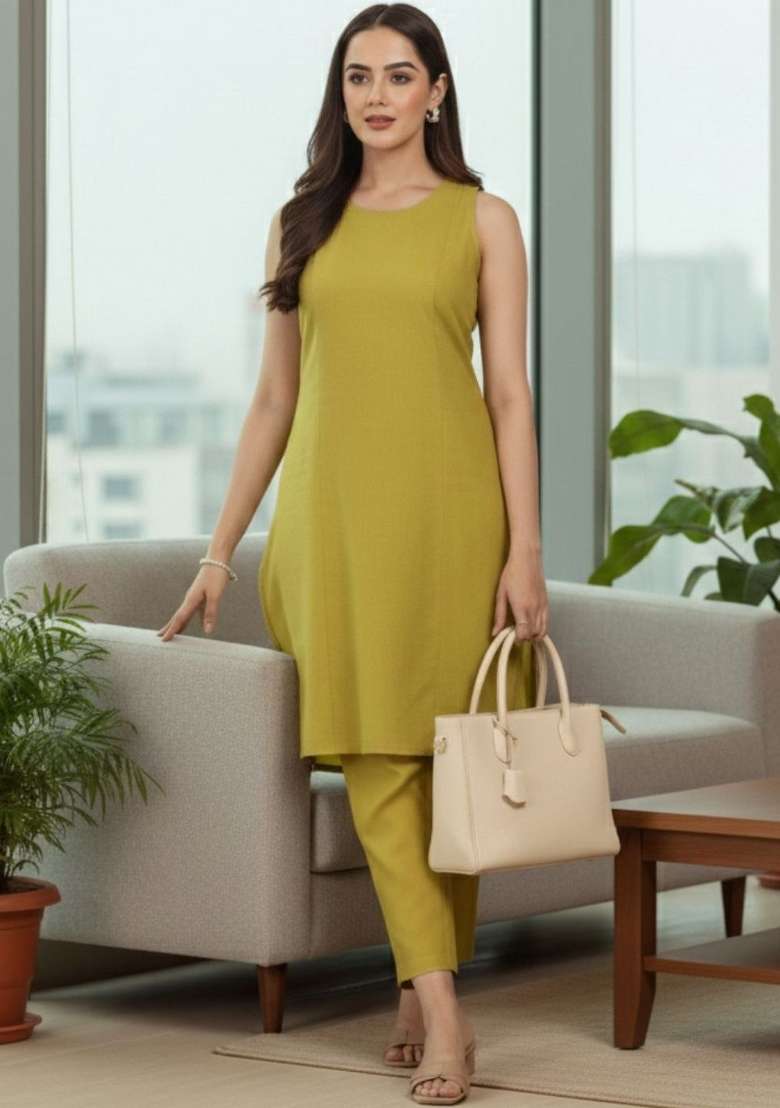 Lime Green Solid Cotton Kurta Set - Indya
