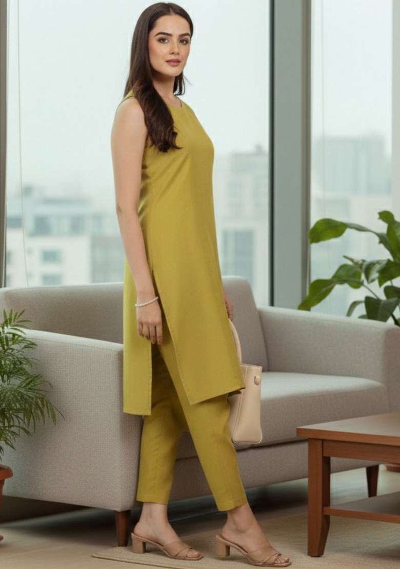 Lime Green Solid Cotton Kurta Set - Indya