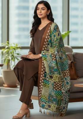 Brown Solid Cotton Kurta Set