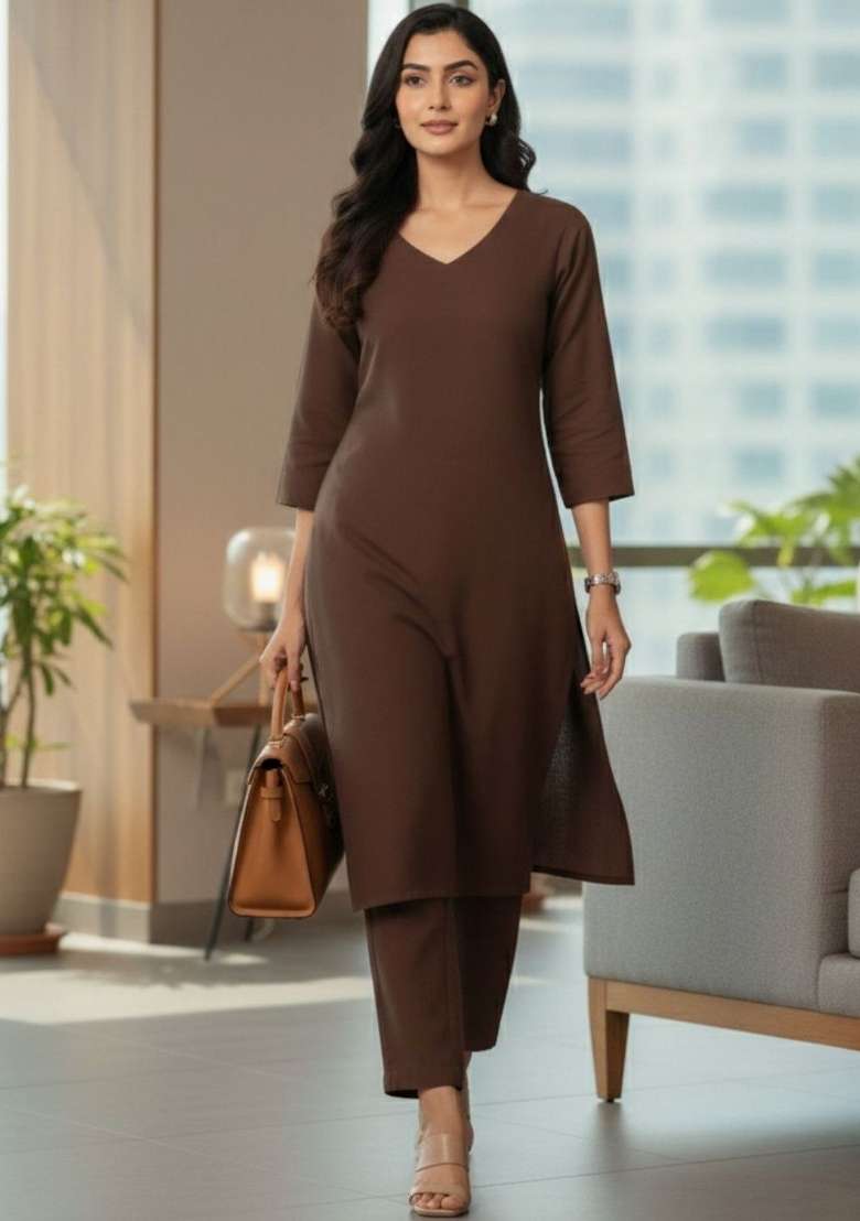 Brown Solid Cotton Kurta Set - Indya
