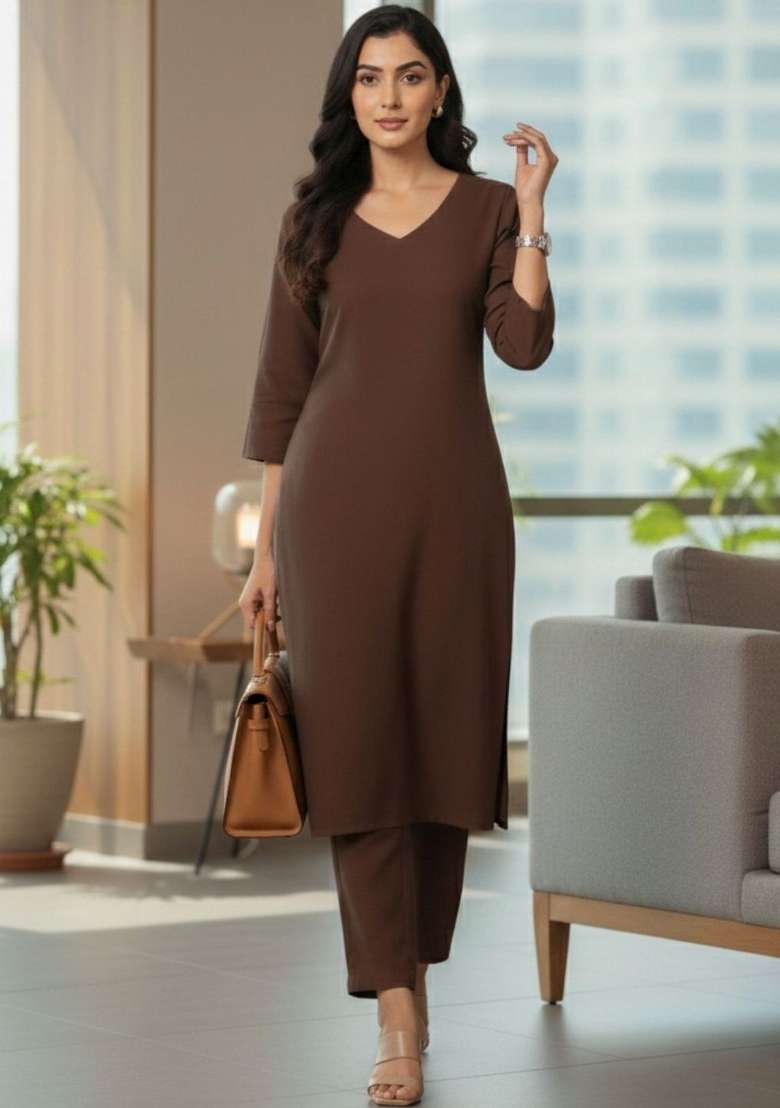 Brown Solid Cotton Kurta Set - Indya
