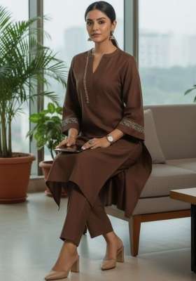 Brown Solid Cotton Kurta Set