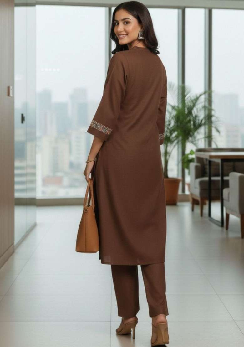 Brown Solid Cotton Kurta Set - Indya
