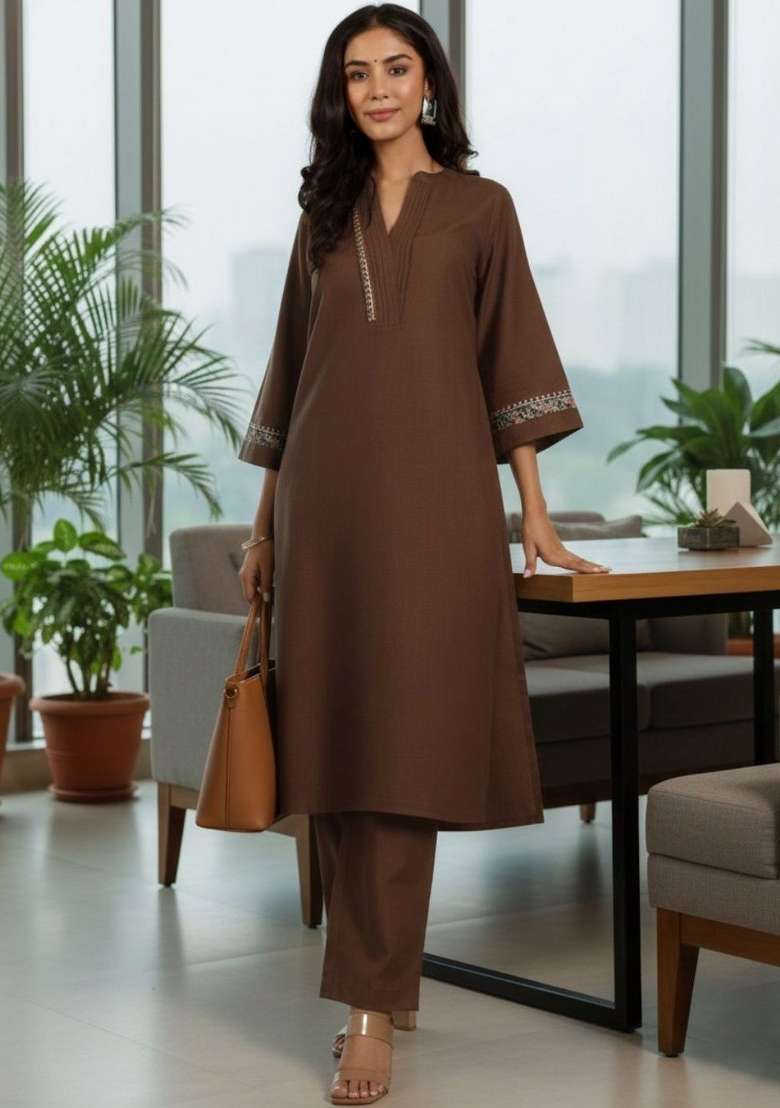 Brown Solid Cotton Kurta Set - Indya