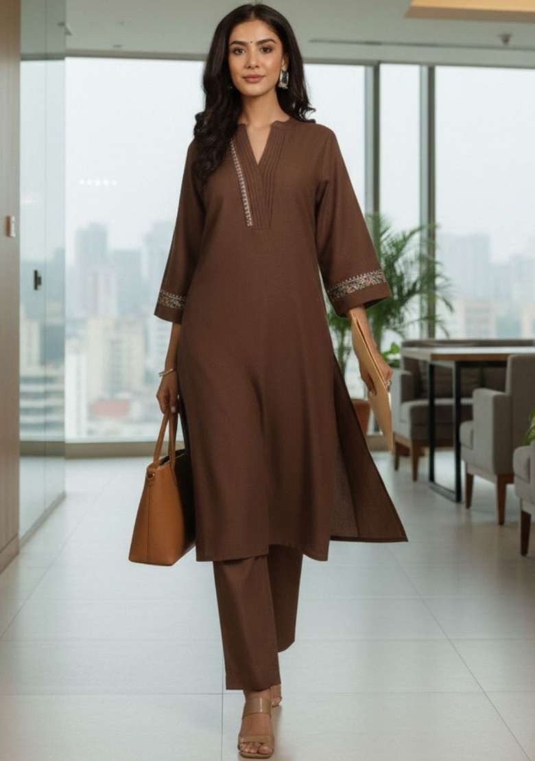 Brown Solid Cotton Kurta Set - Indya
