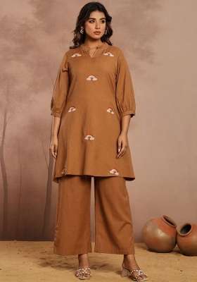 Brown Solid Cotton Kurta Set