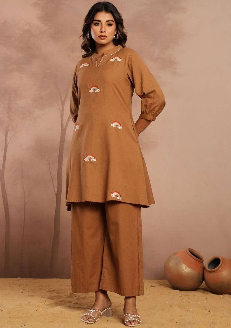 Brown Solid Cotton Kurta Set - Indya