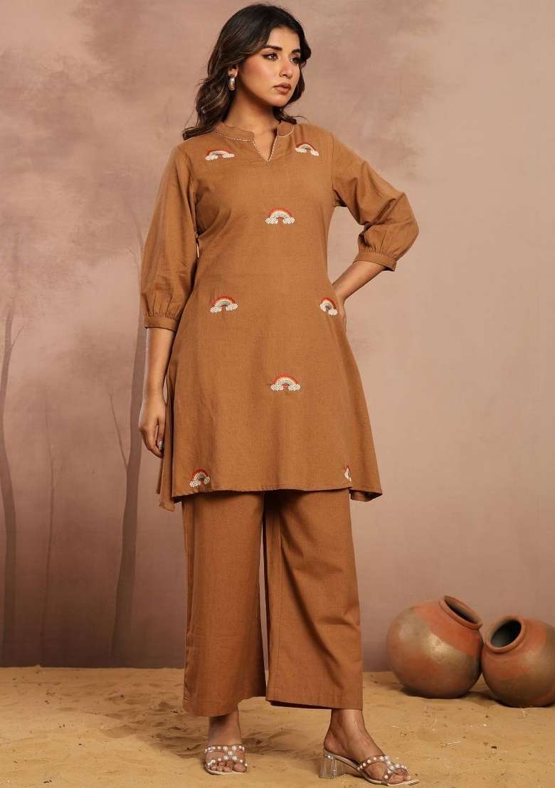 Brown Solid Cotton Kurta Set - Indya