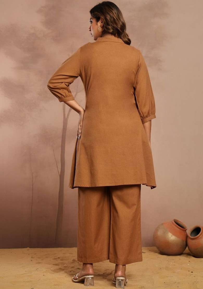 Brown Solid Cotton Kurta Set - Indya