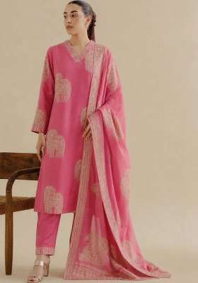 Pink Printed Cotton Kurta Set