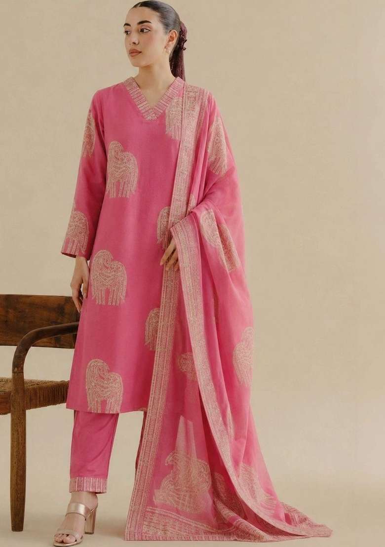 Pink Printed Cotton Kurta Set - Indya