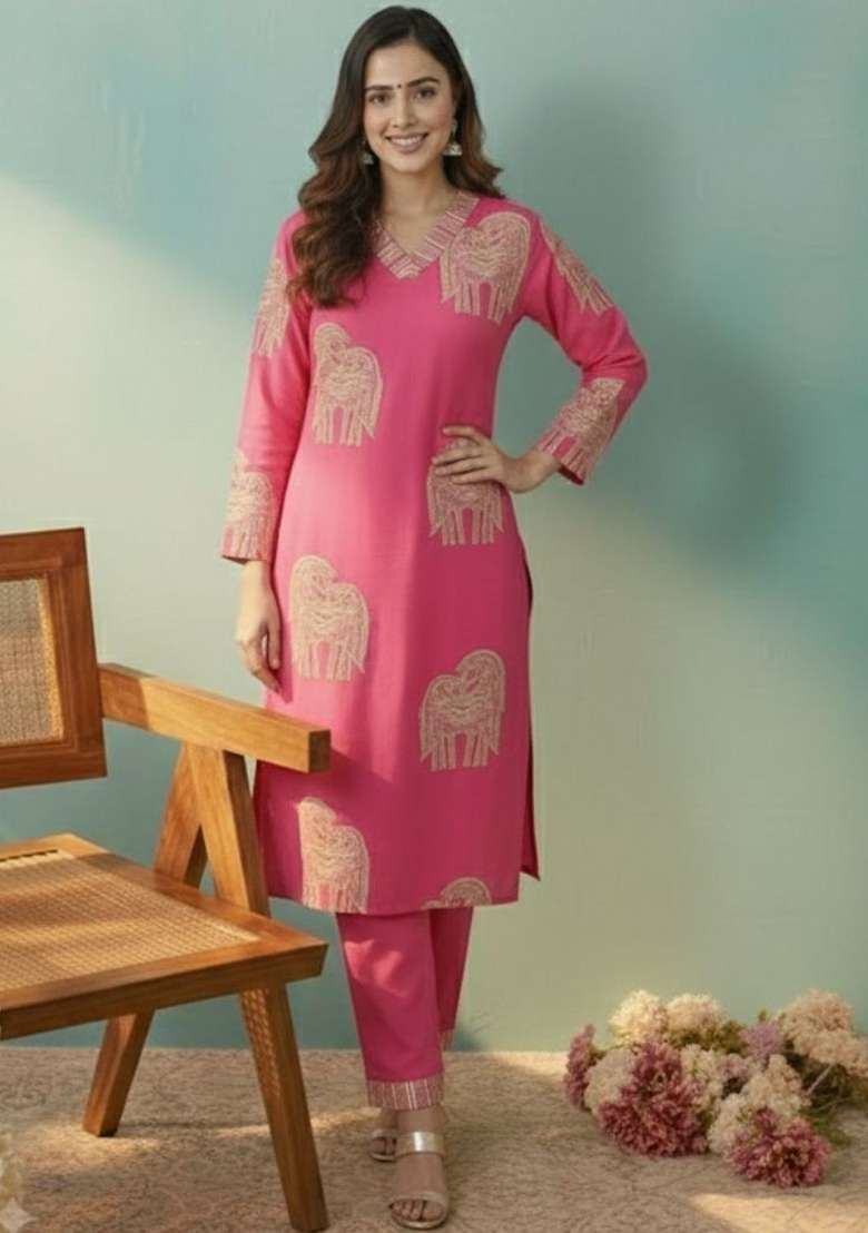 Pink Printed Cotton Kurta Set - Indya