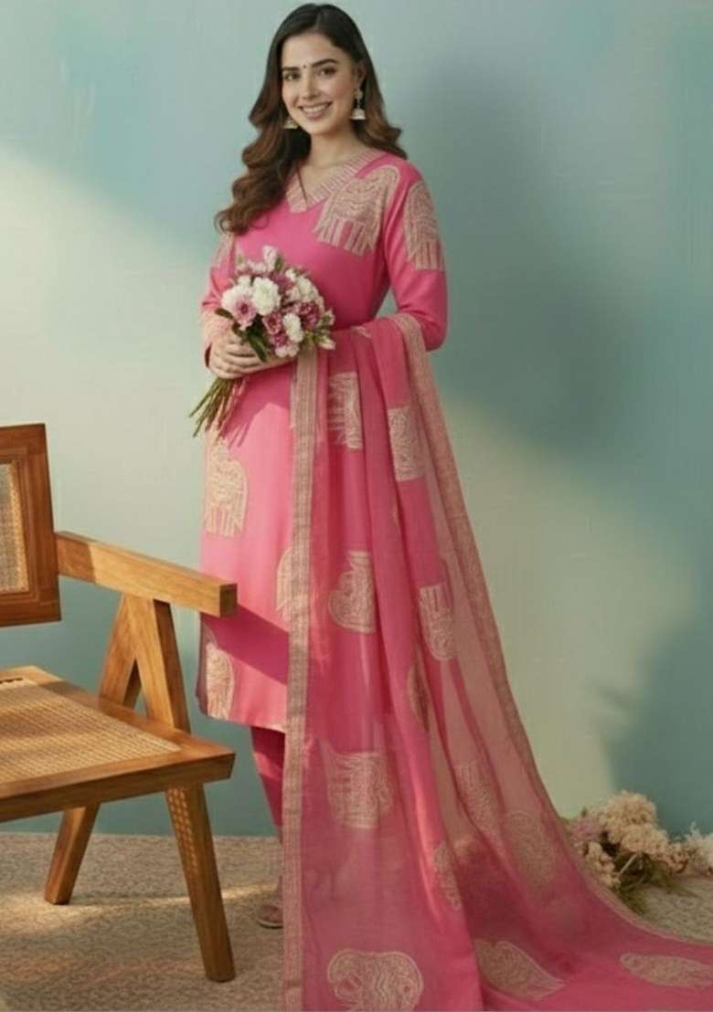 Pink Printed Cotton Kurta Set - Indya