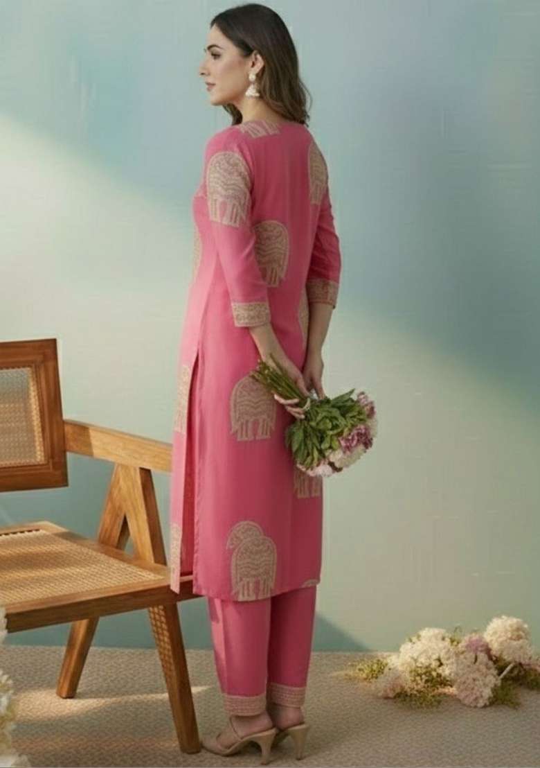 Pink Printed Cotton Kurta Set - Indya