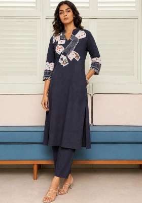 Navy Blue Solid Cotton Kurta Set