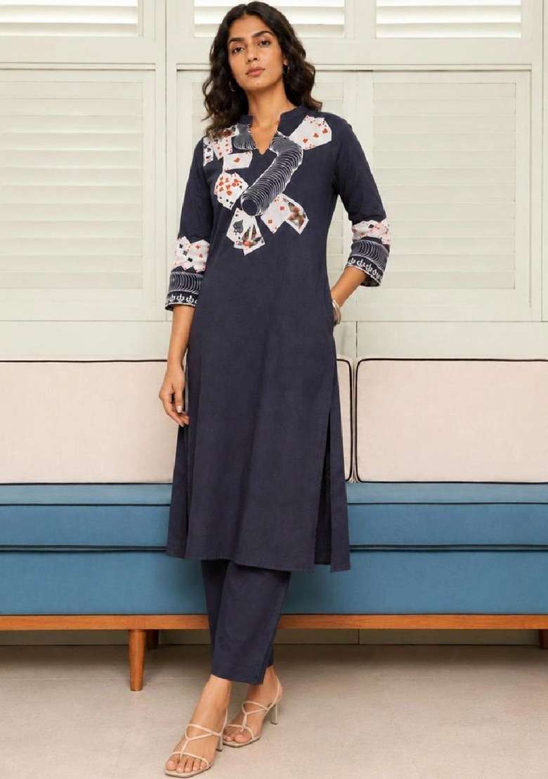 Navy Blue Solid Cotton Kurta Set - Indya