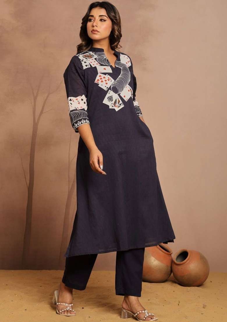 Navy Blue Solid Cotton Kurta Set - Indya