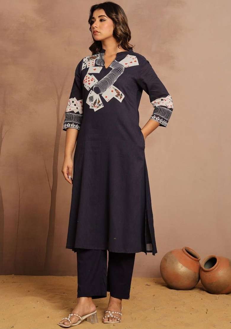 Navy Blue Solid Cotton Kurta Set - Indya