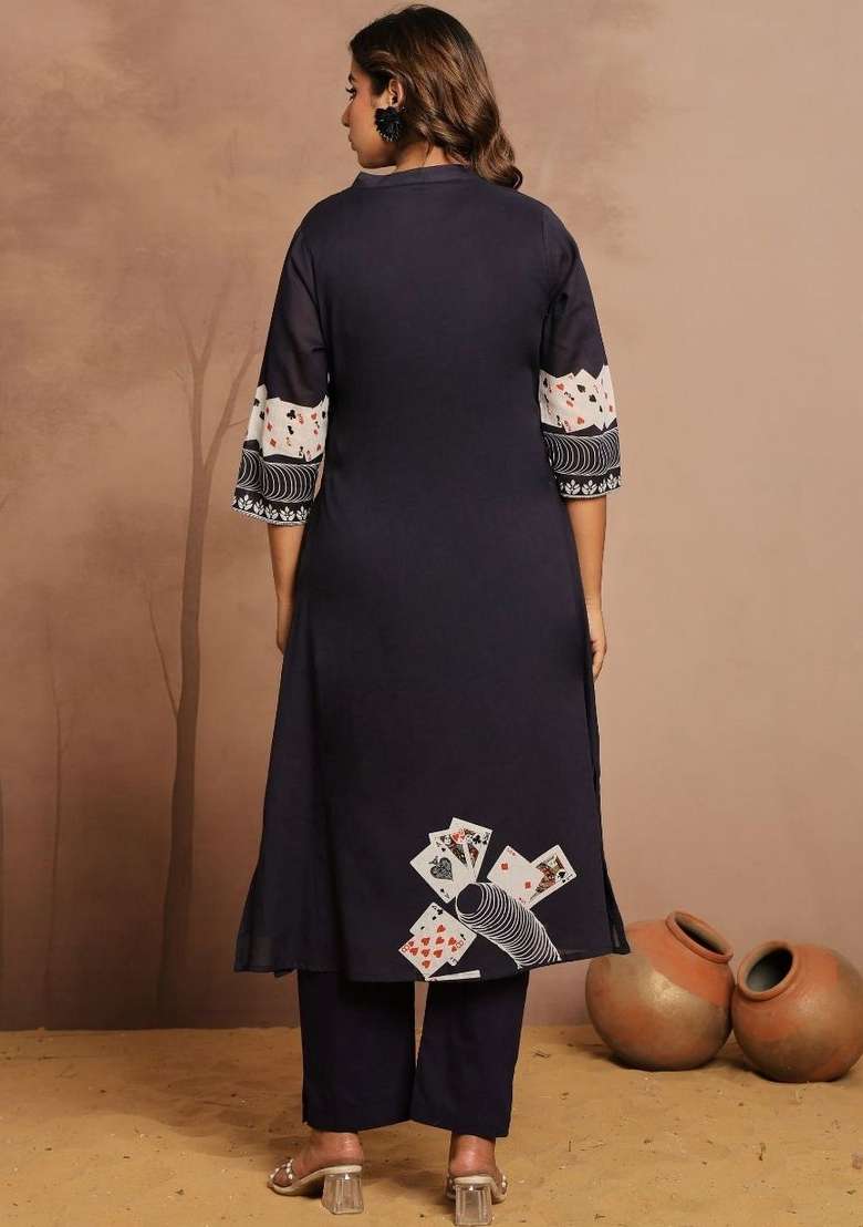 Navy Blue Solid Cotton Kurta Set - Indya