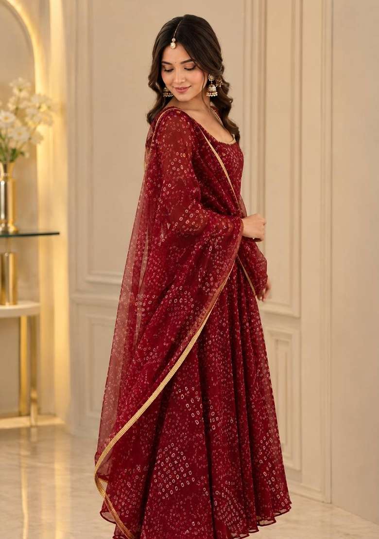 Red Printed Georgette Kurta Set - Indya