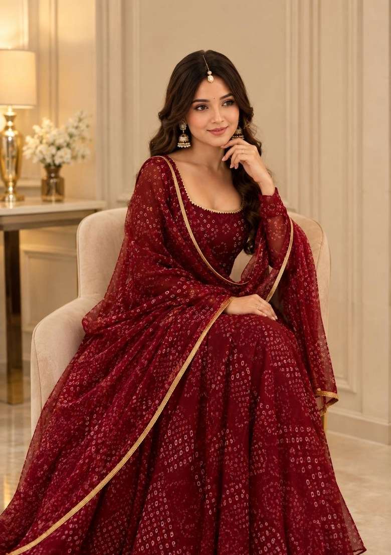 Red Printed Georgette Kurta Set - Indya
