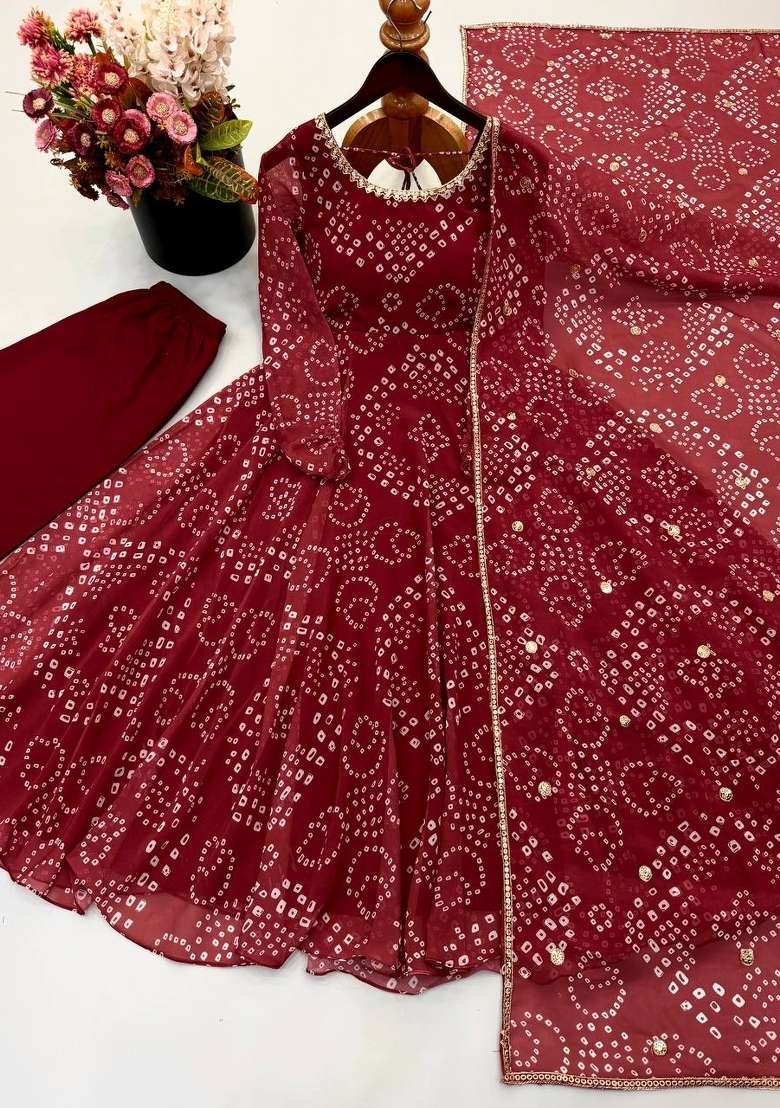 Red Printed Georgette Kurta Set - Indya