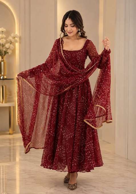 Red Printed Georgette Kurta Set