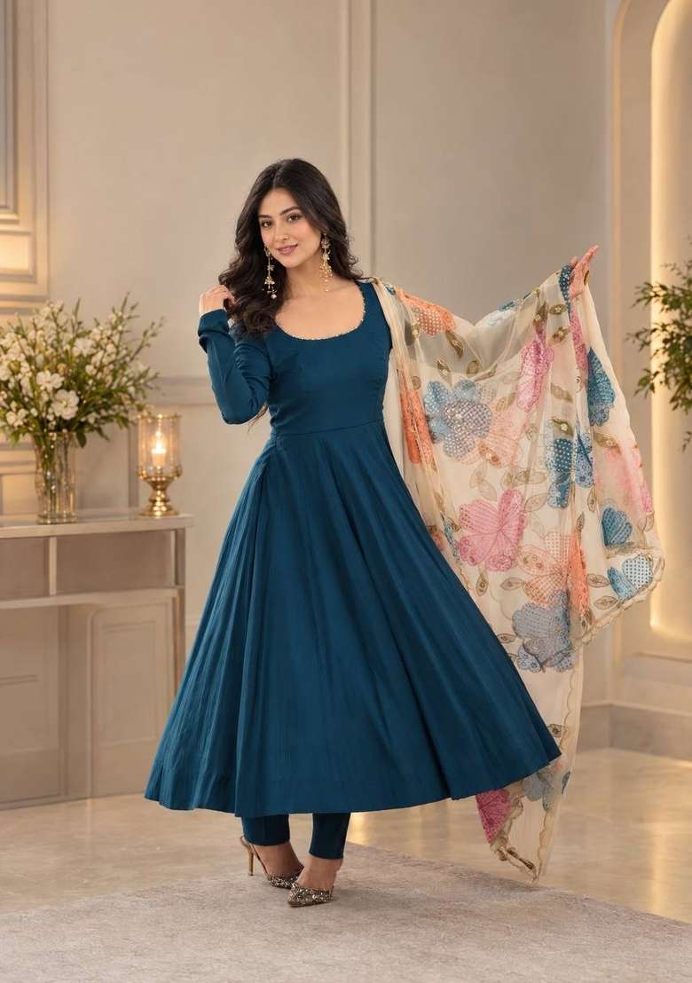 Blue Embroidery Silk Kurta Set - Indya
