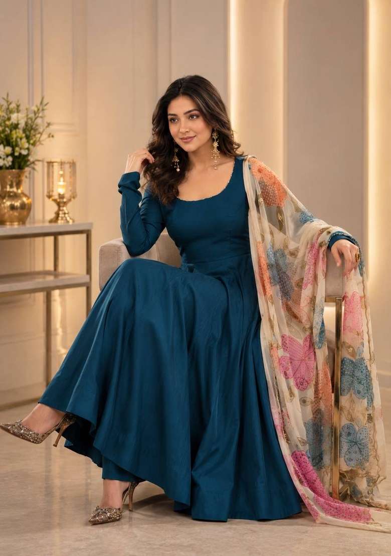 Blue Embroidery Silk Kurta Set - Indya
