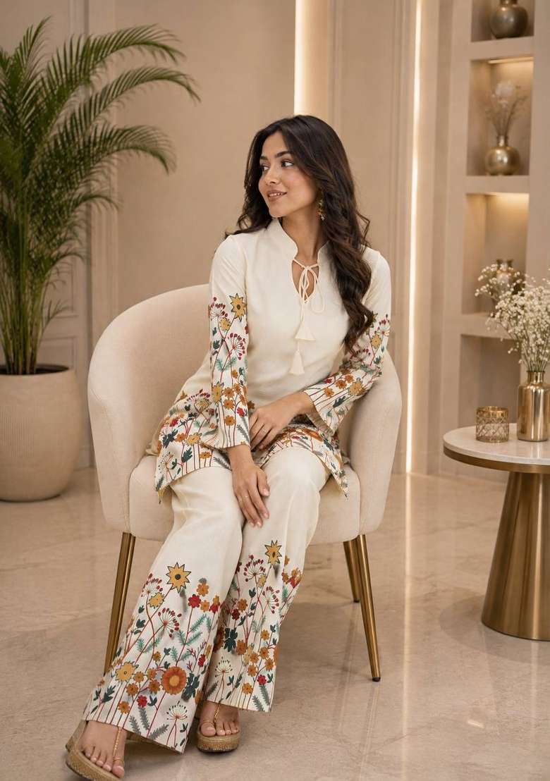 Cream Embroidery Cotton Kurta Set - Indya