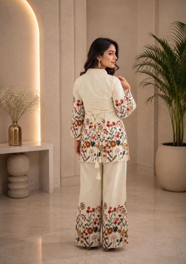 Cream Embroidery Cotton Kurta Set - Indya