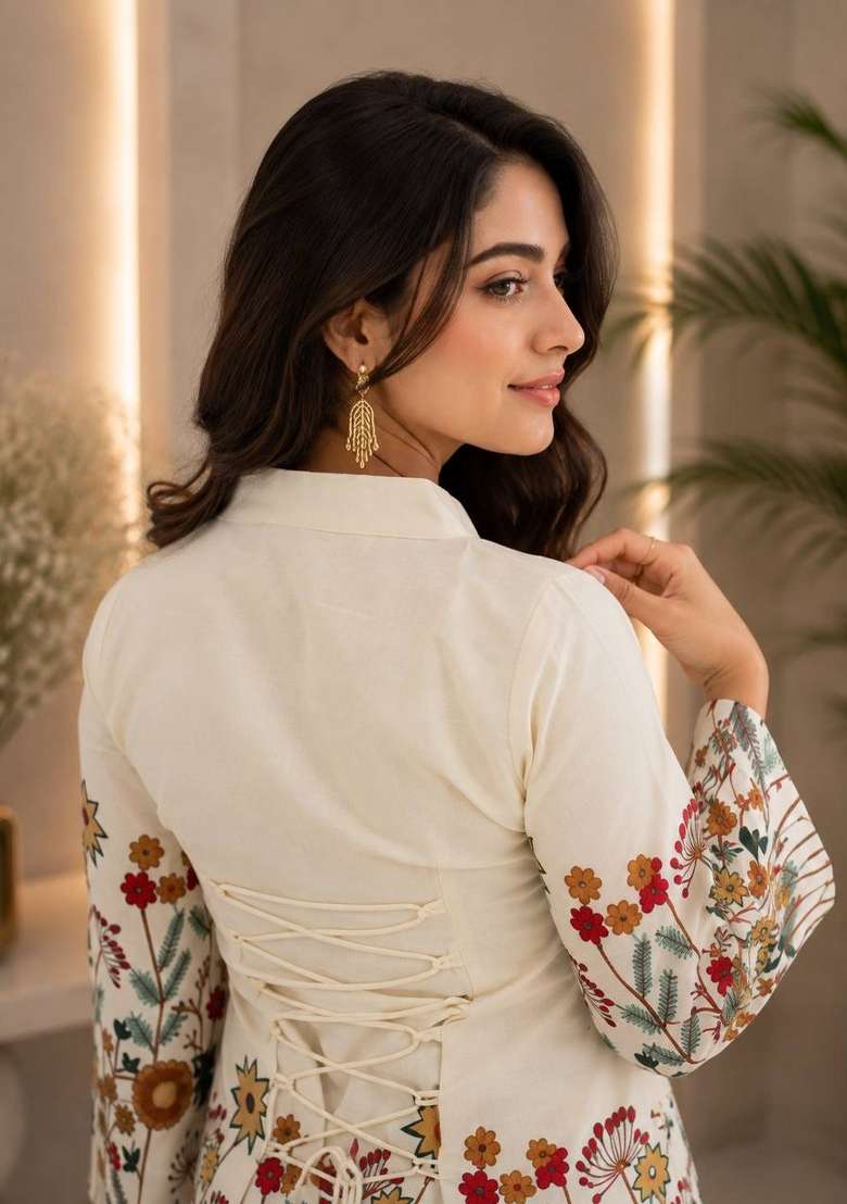Cream Embroidery Cotton Kurta Set - Indya