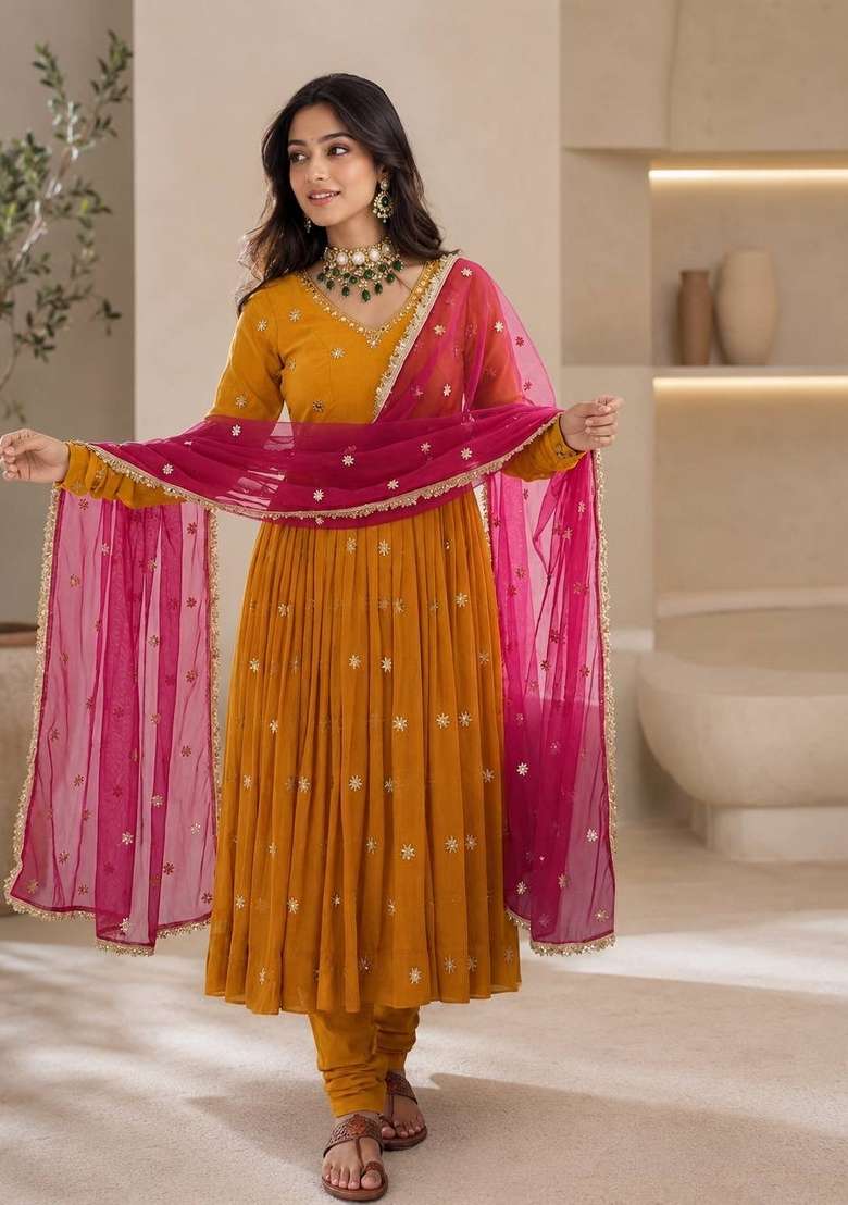 Yellow Embroidery Georgette Kurta Set - Indya