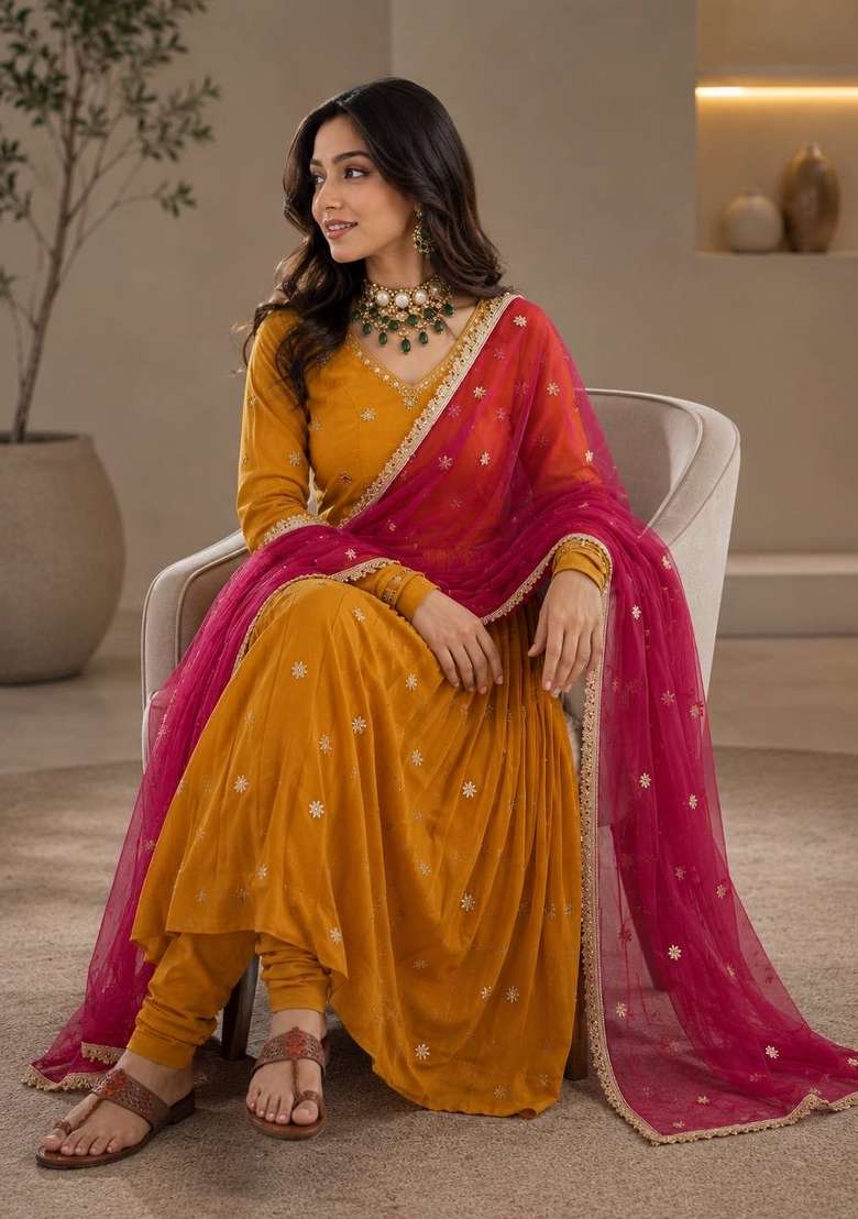 Yellow Embroidery Georgette Kurta Set - Indya