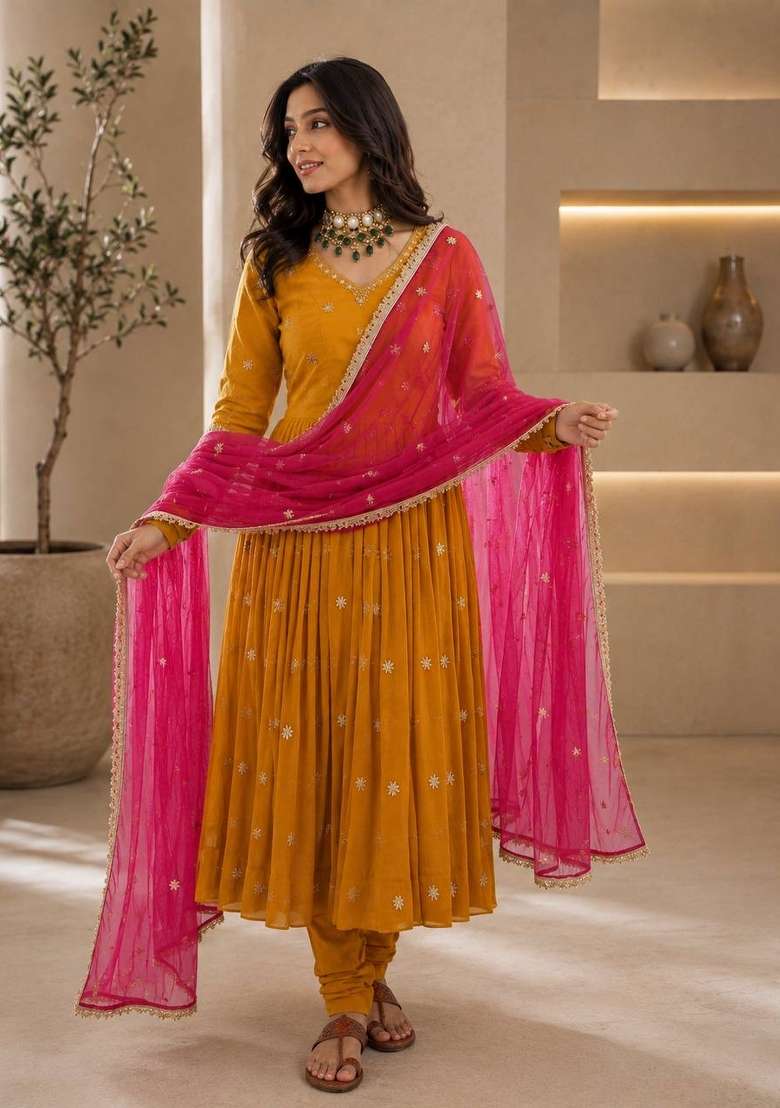 Yellow Embroidery Georgette Kurta Set - Indya
