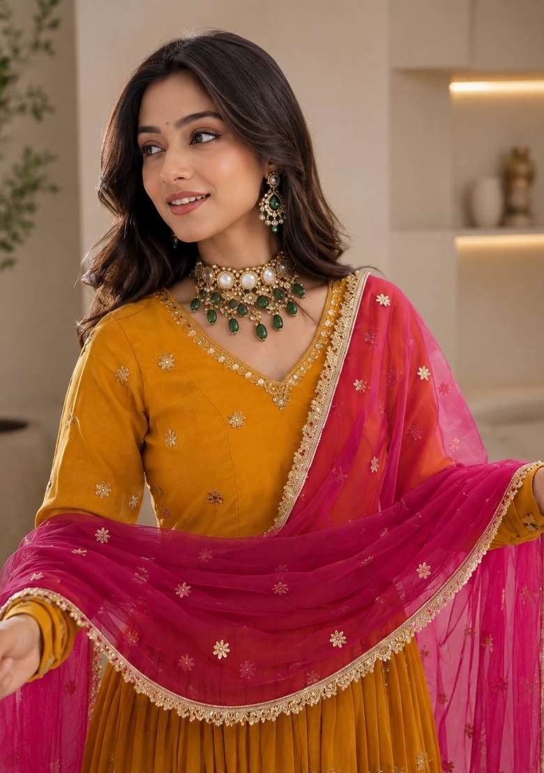 Yellow Embroidery Georgette Kurta Set - Indya