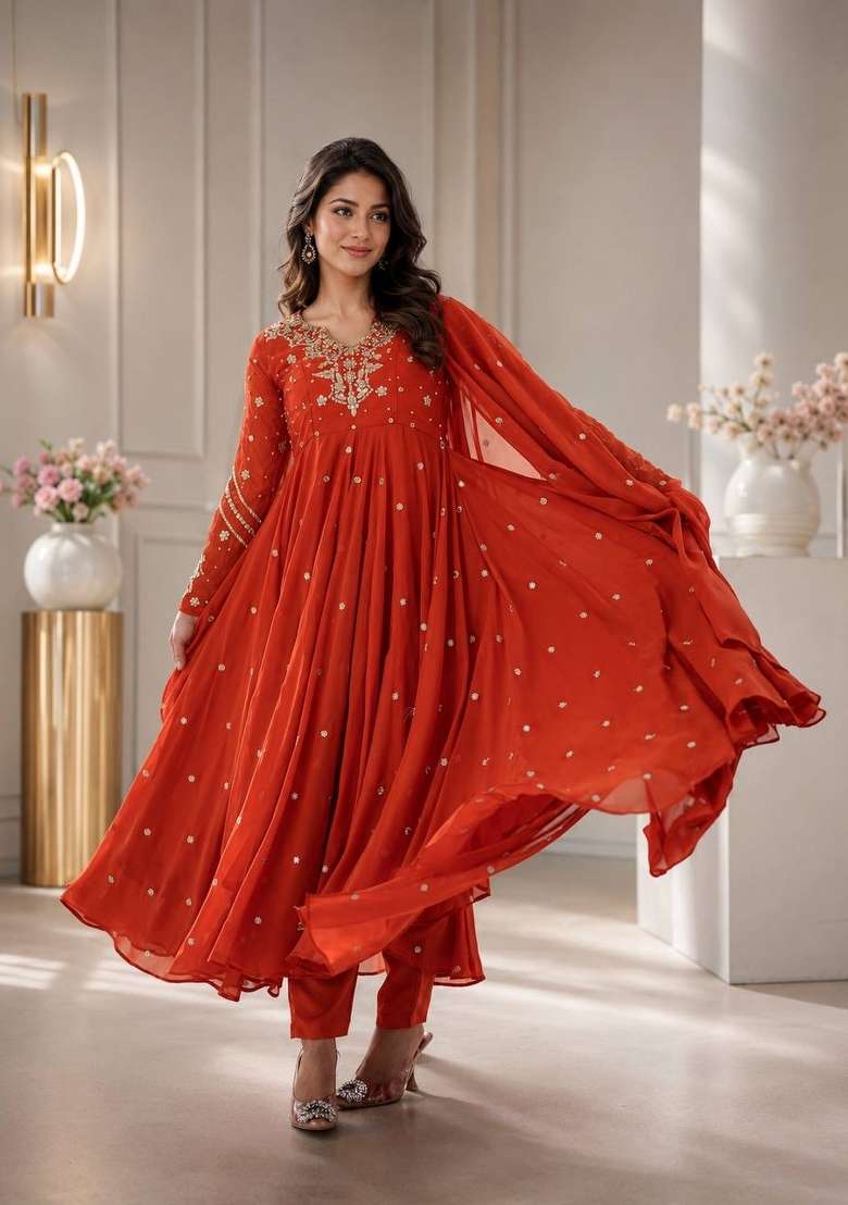 Orange Embroidery Georgette Kurta Set - Indya