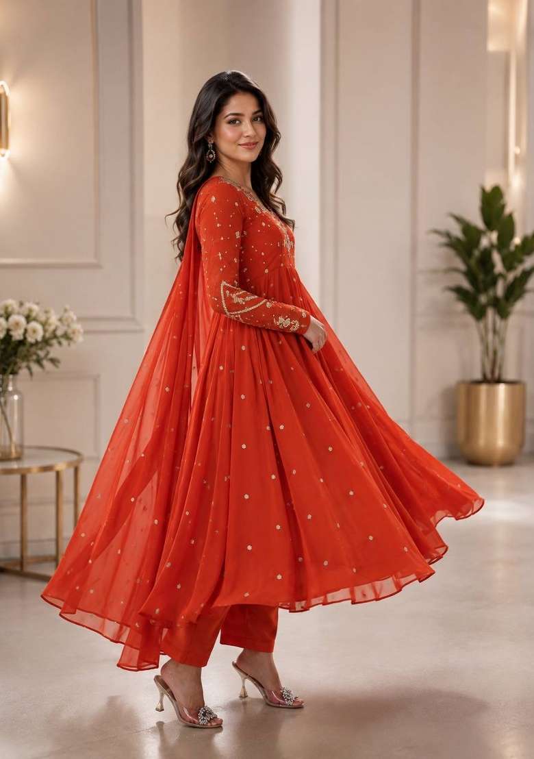 Orange Embroidery Georgette Kurta Set - Indya