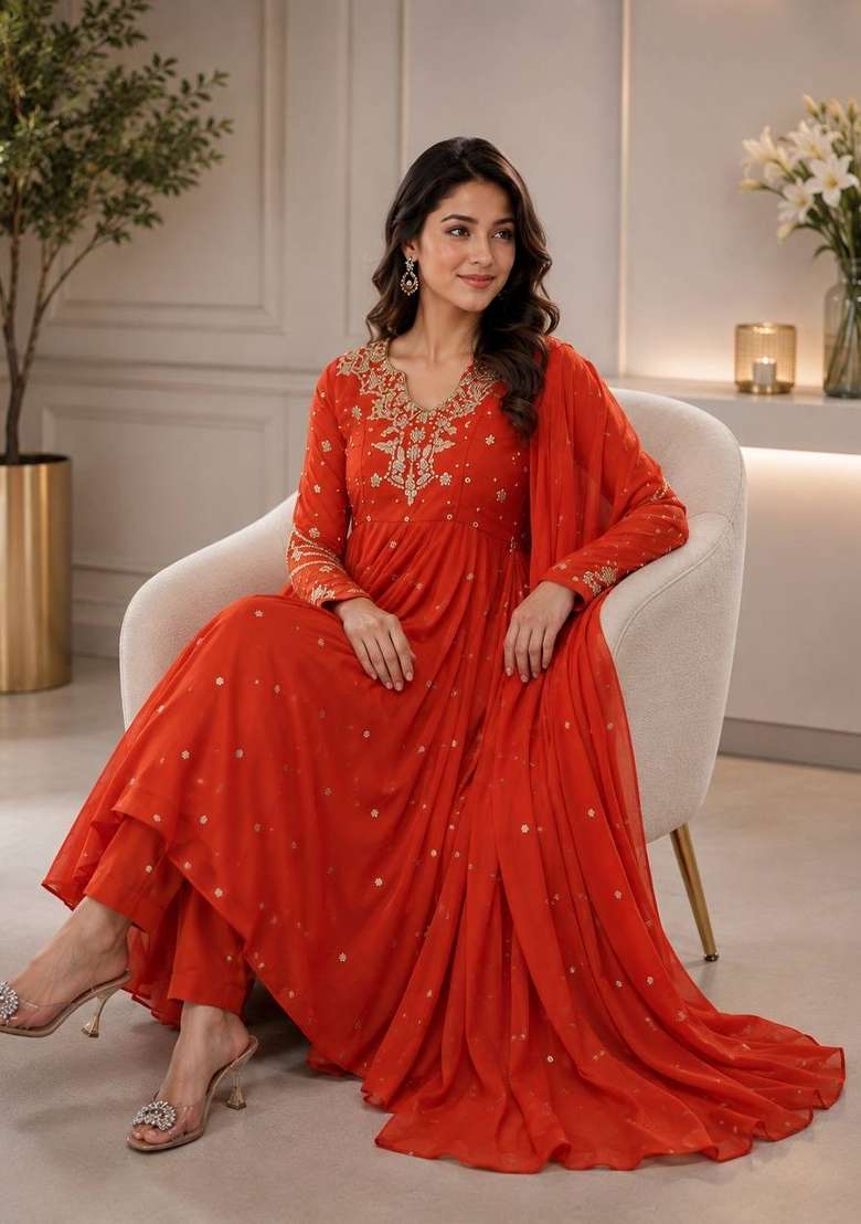 Orange Embroidery Georgette Kurta Set - Indya