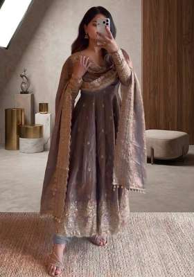 Grey Embroidery Silk Kurta Set