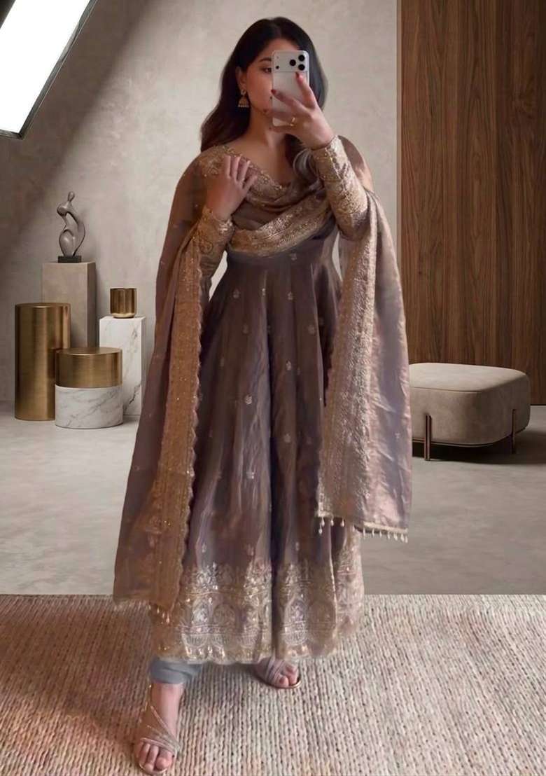 Grey Embroidery Silk Kurta Set - Indya