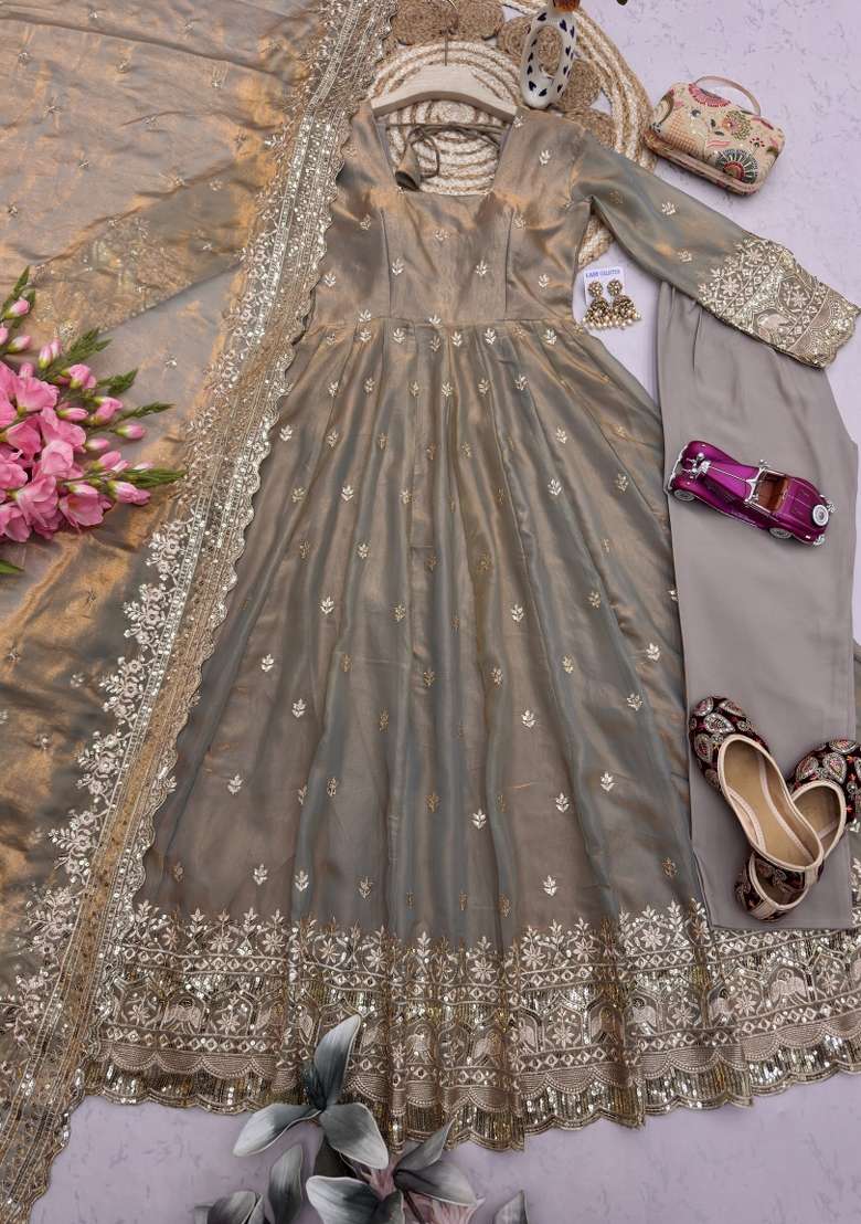 Grey Embroidery Silk Kurta Set - Indya