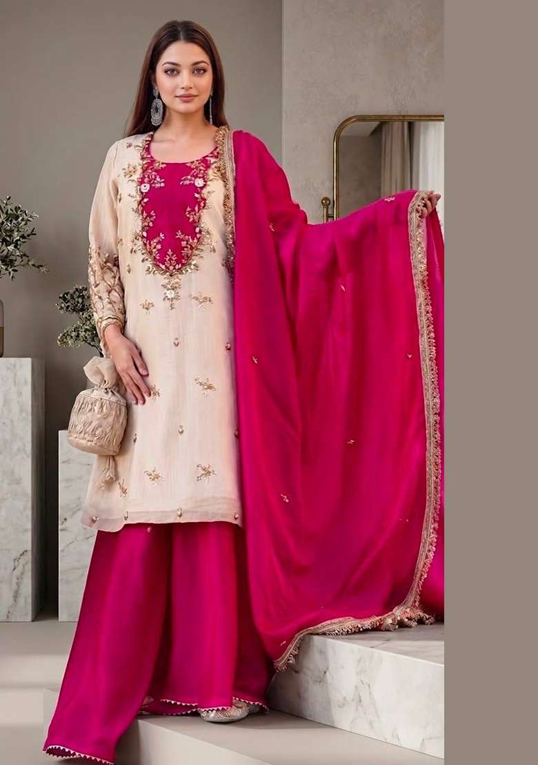 Cream Embroidery Cotton Anarkali Set - Indya