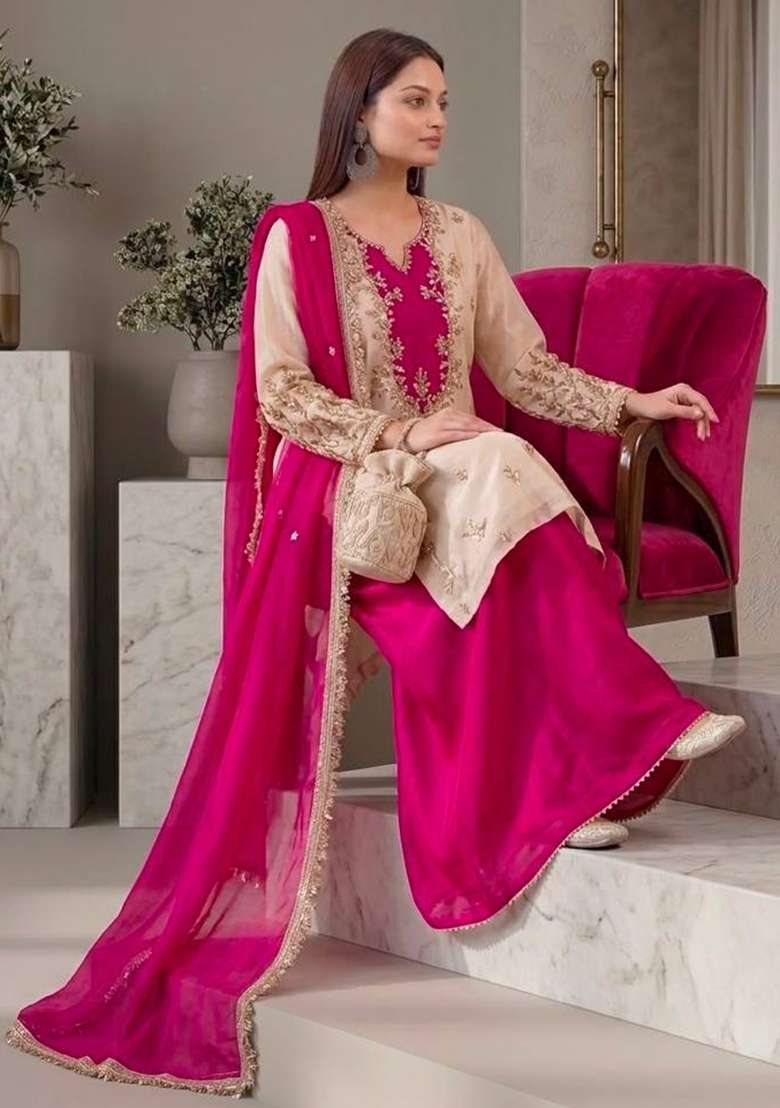 Cream Embroidery Cotton Anarkali Set - Indya
