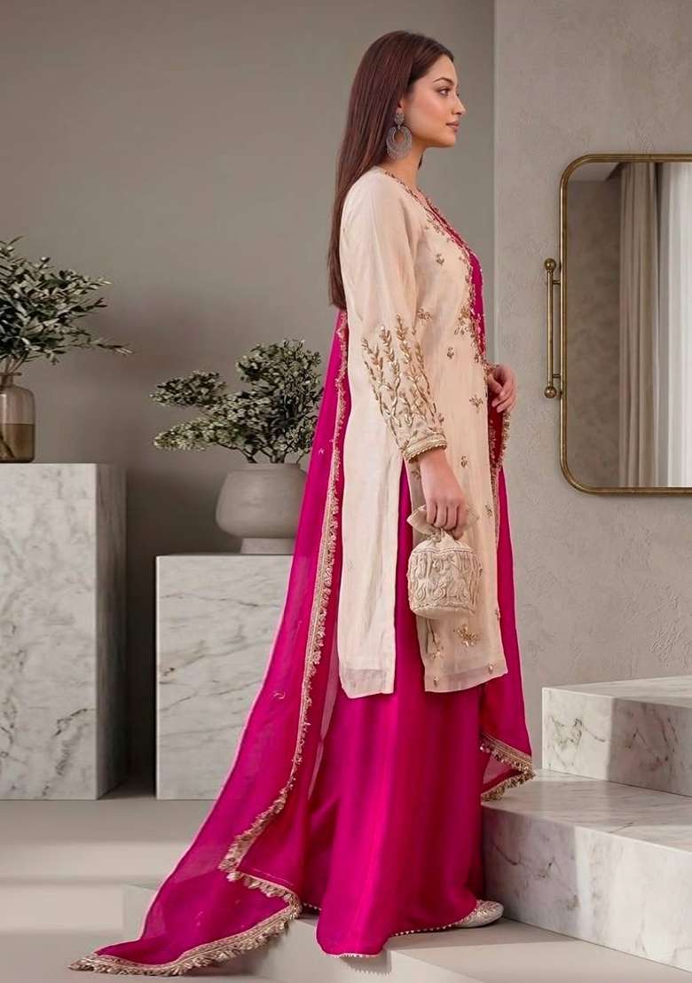 Cream Embroidery Cotton Anarkali Set - Indya